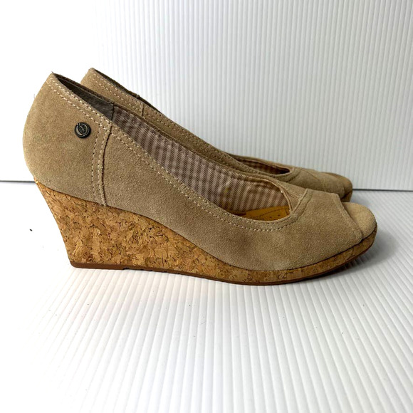 Nurture Shoes - Women's Nurture Cork Wedge Peep Toe Suede Shoes Heels Comfort Cushion Taupe 8.5